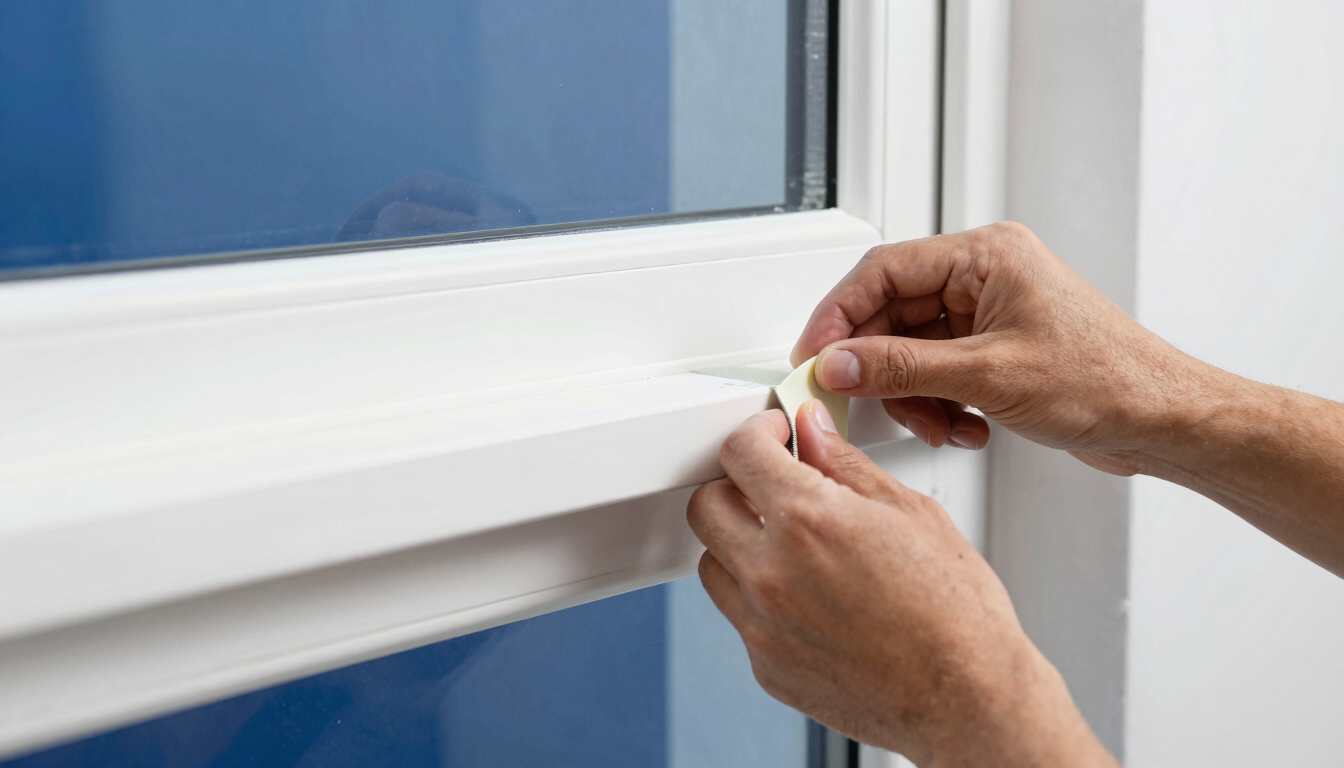 Crisp architectural photography of a painter's hands carefully applying painter's tape along a clean white window trim, bright natural daylight, sharp focus, 35mm.