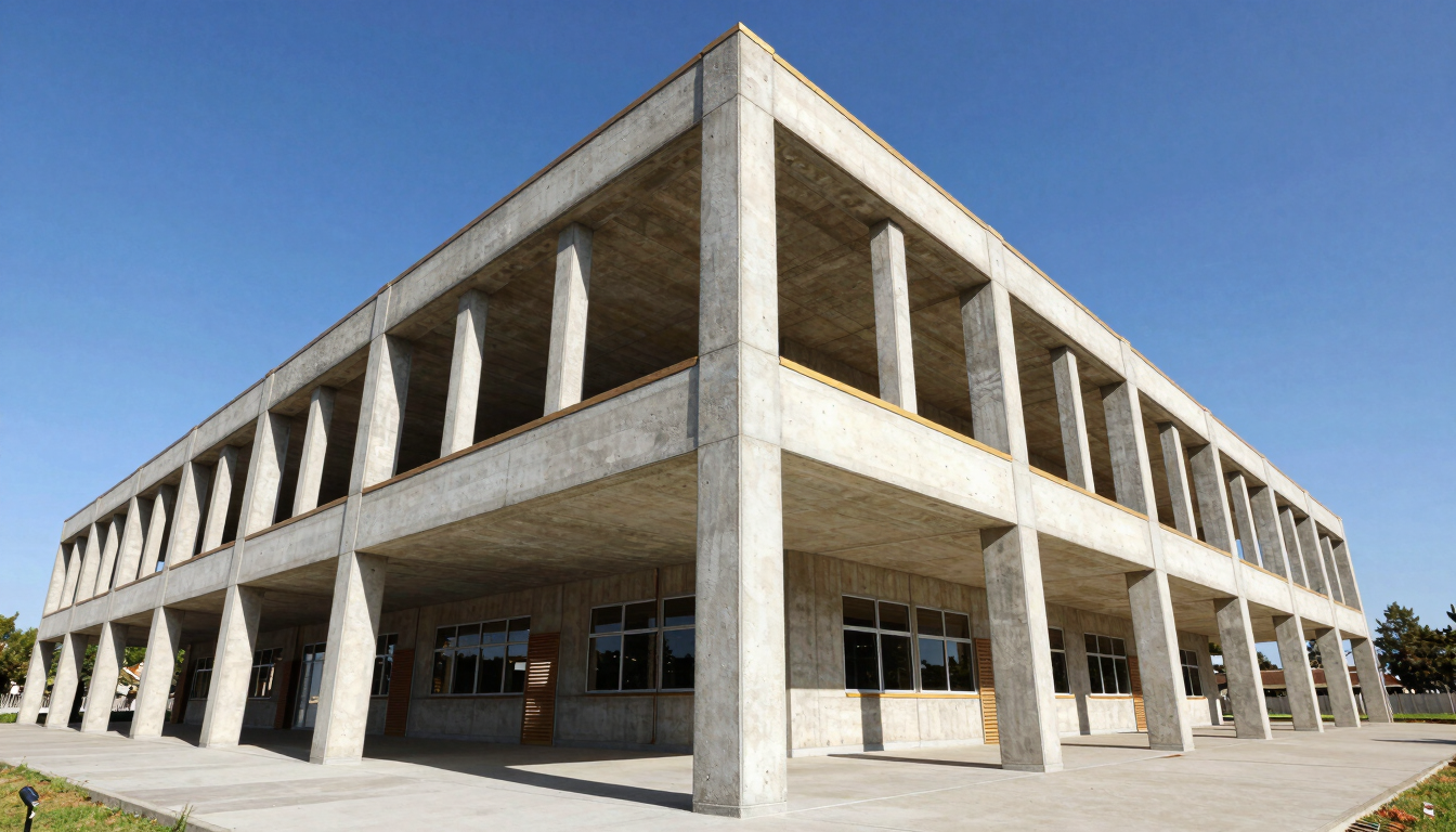 Low-angle architectural shot of completed Sancta Maria school concrete structure, crisp shadows, bright daylight, wide-angle lens