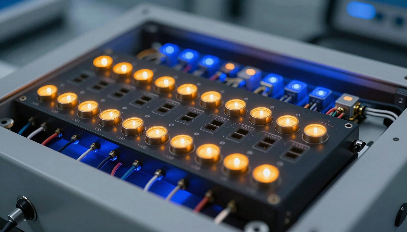 Macro shot of a high-tech Hardware-in-the-Loop simulation bench in a clean Abidjan laboratory, glowing amber indicator lights on controller modules, cool blue LED wiring backlights, shallow depth of field, sharp industrial photography.