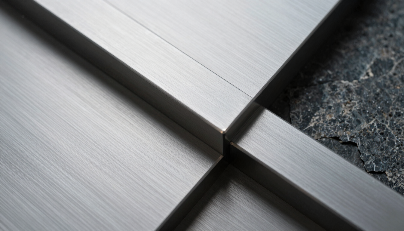 Abstract close-up texture of brushed silver metal and dark industrial stone, sharp geometric lines, cool overcast lighting.