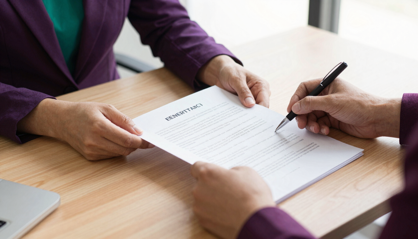 A close-up of professional hands reviewing structured government contract documents on a clean wooden desk, bright natural daylight, 35mm lens