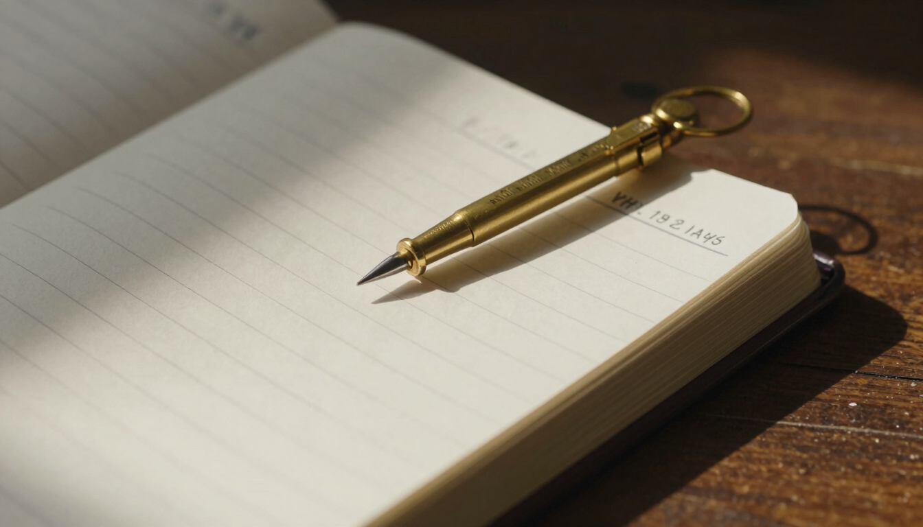 Extreme close-up of a heavy paper ledger with hand-inked numbers, a classic brass compass resting on the dark wooden table, dramatic side-lighting casting deep shadows, warm natural highlights.