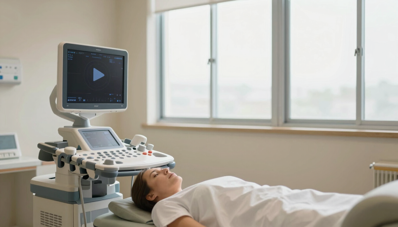 Wide shot of a modern, calm maternal-fetal consultation room with an ultrasound machine, soft natural window light, muted sage and cream tones, shallow depth of field, professional, with a subtle play button icon overlaid.