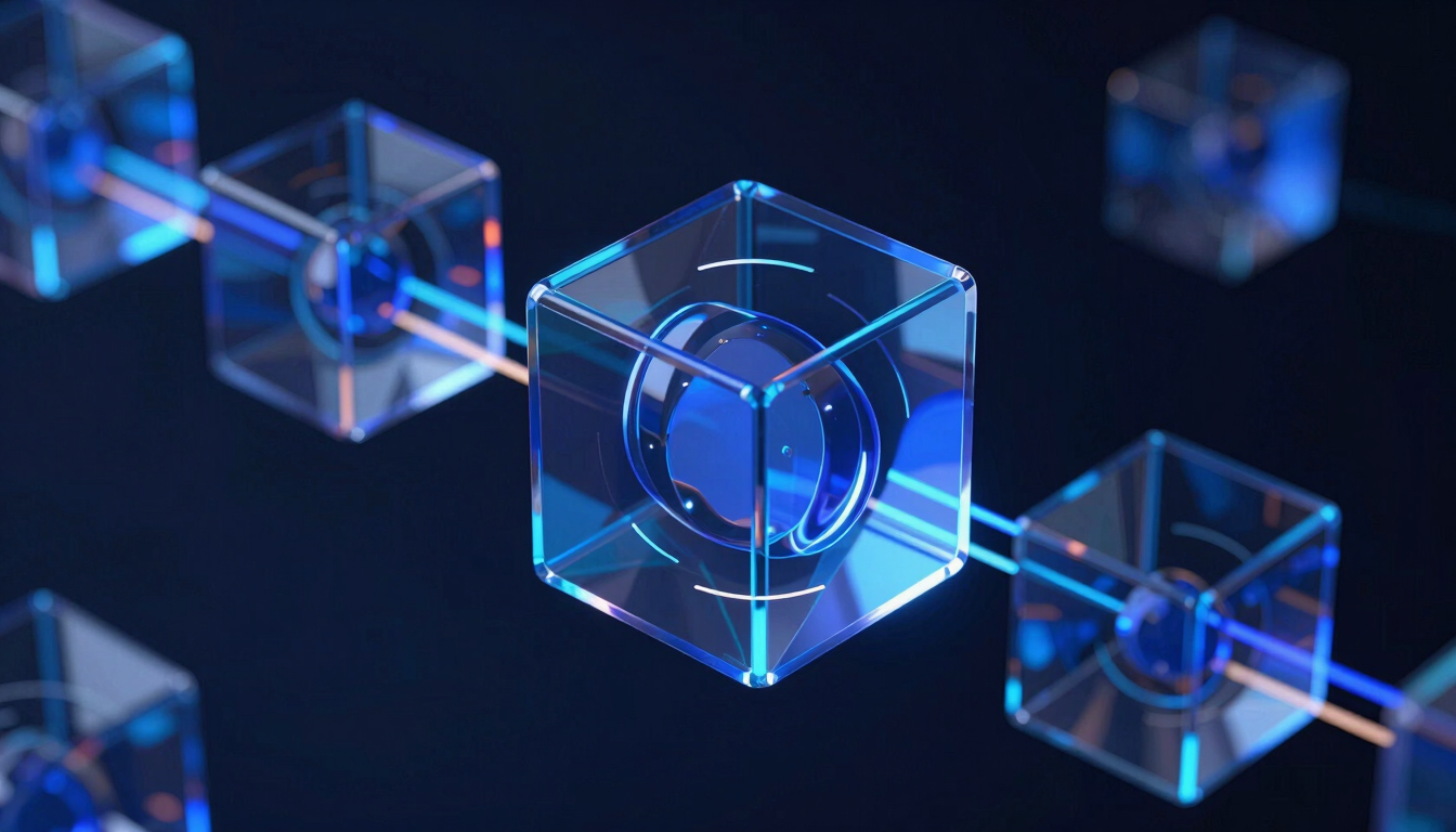 Sleek 3D render of abstract glass data structures, deep blue and neon accents, dark background, cinematic lighting, octane render