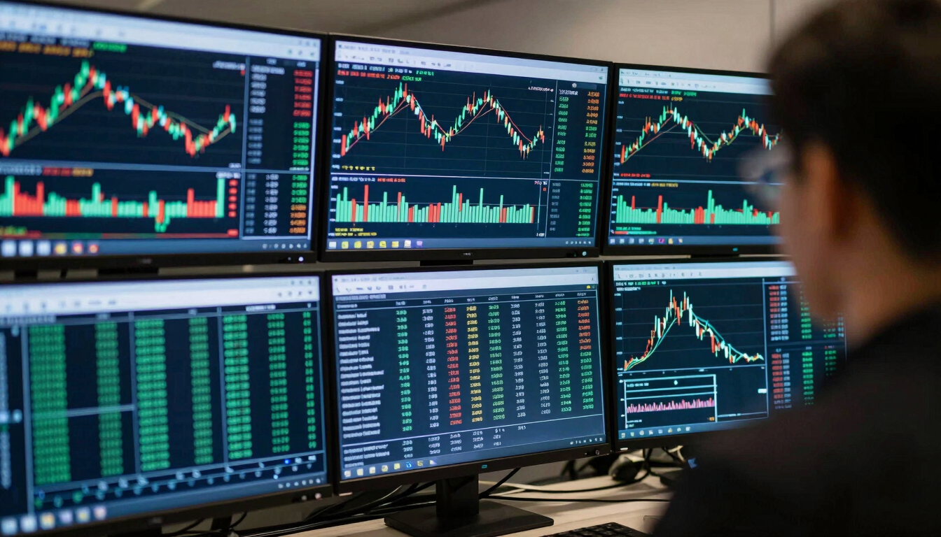 Close-up over-the-shoulder view of a professional trading terminal in a dimly lit room, multiple monitors displaying complex candlestick charts and real-time order flow ladders, cool blue and green screen glow illuminating the desk.