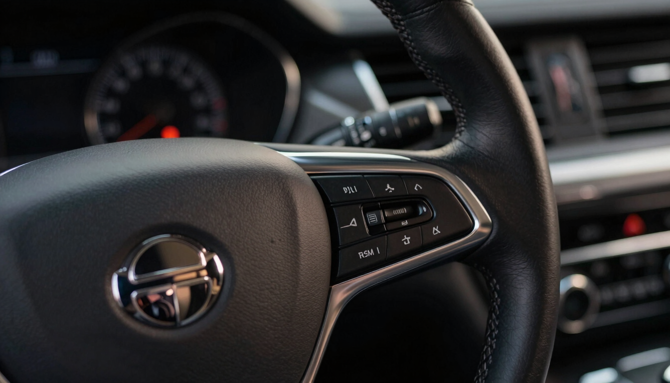 Extreme close-up of a premium leather-wrapped steering wheel and brushed steel dashboard details inside a luxury vehicle, low-key dramatic lighting.