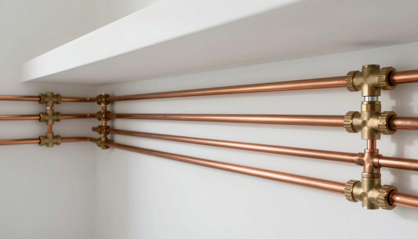 Architectural wide shot of a pristine home utility room, perfectly aligned parallel copper water lines with bright bronze fittings against a clean white wall, illuminated by soft natural side light.