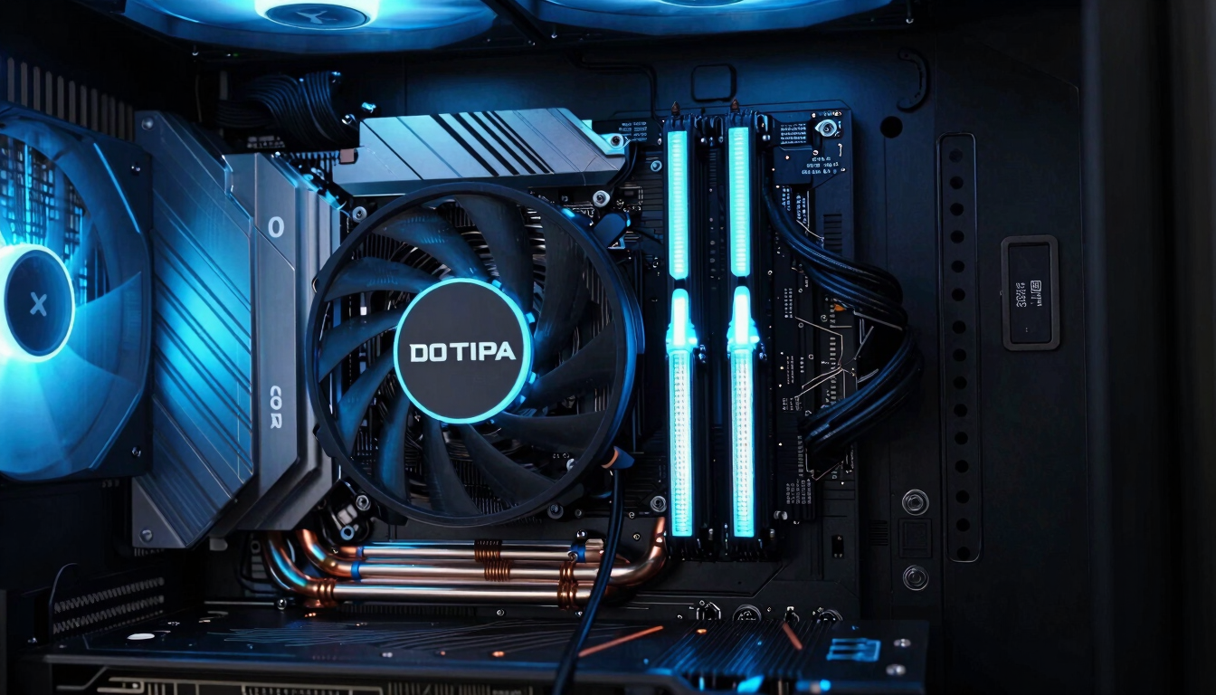 Close-up macro shot of a glowing graphics card installed in a PC case, electric blue LED lighting illuminating the copper heat pipes and silicon board, dark moody background, high-end tech aesthetic.