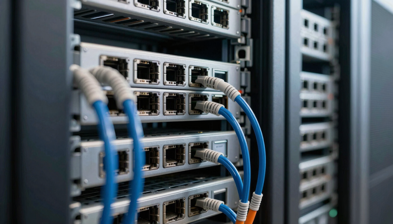 Tight macro shot of sophisticated network cabling and server racks inside a newly constructed corporate server room, sharp focus, 35mm.