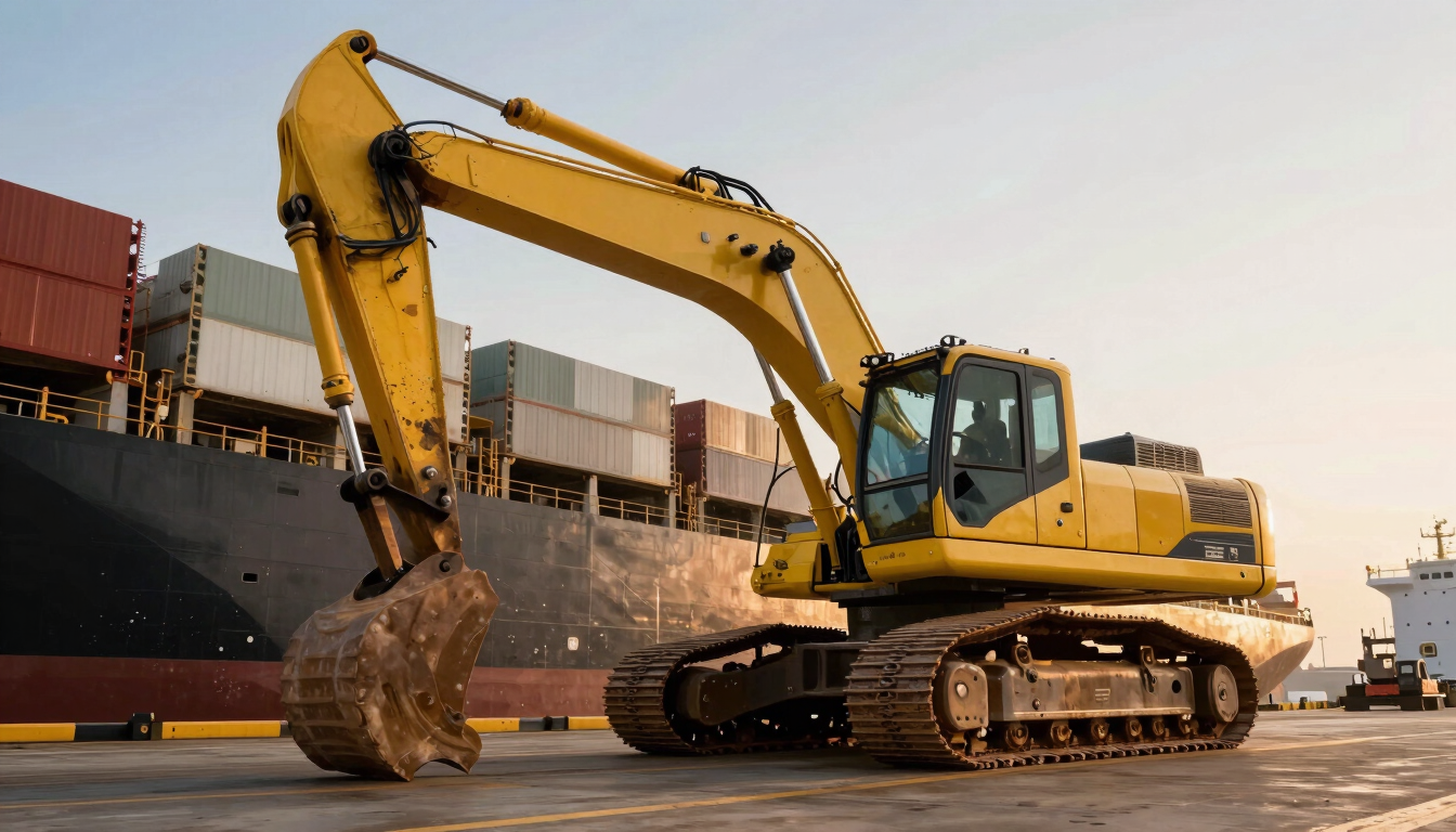 Low-angle dramatic shot of a massive yellow excavator being secured onto a cargo ship deck at a busy industrial port during golden hour.