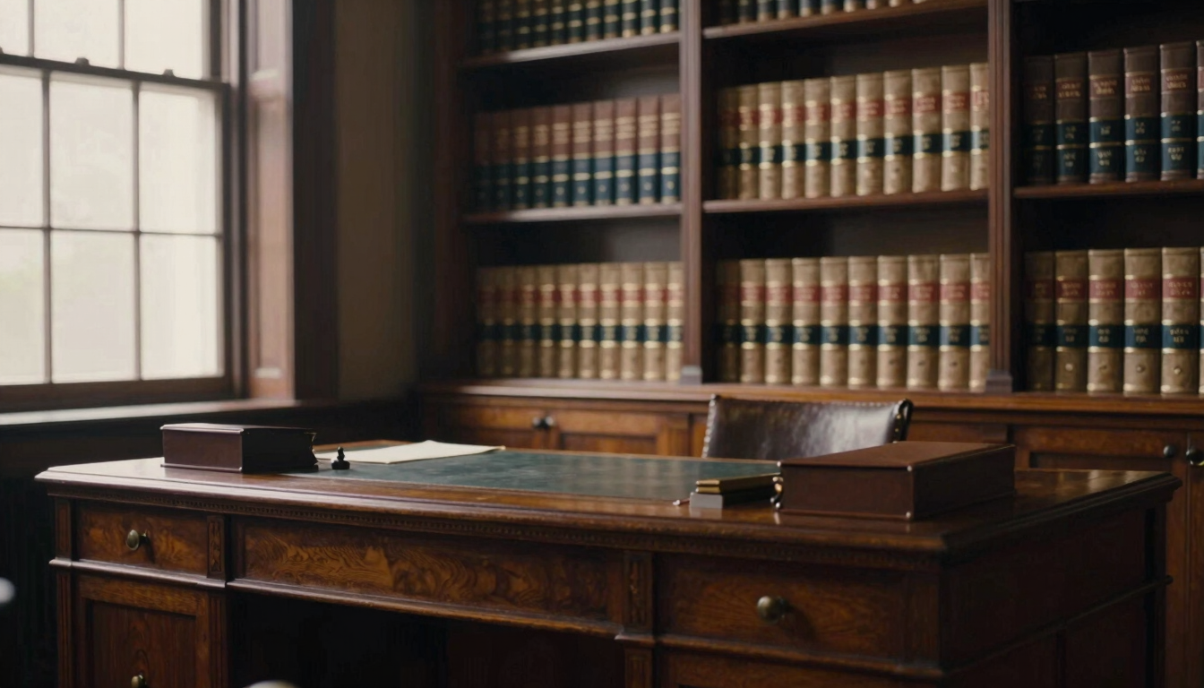 Solemn historic law office interior, heavy dark oak desk, leather-bound legal volumes, soft warm light from a side window, premium editorial style