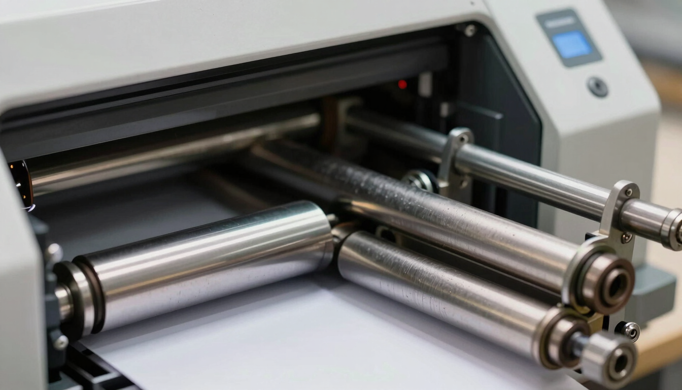 Macro close-up of a high-speed printer paper feed mechanism, clean steel rollers and precise engineering, bright neutral daylight