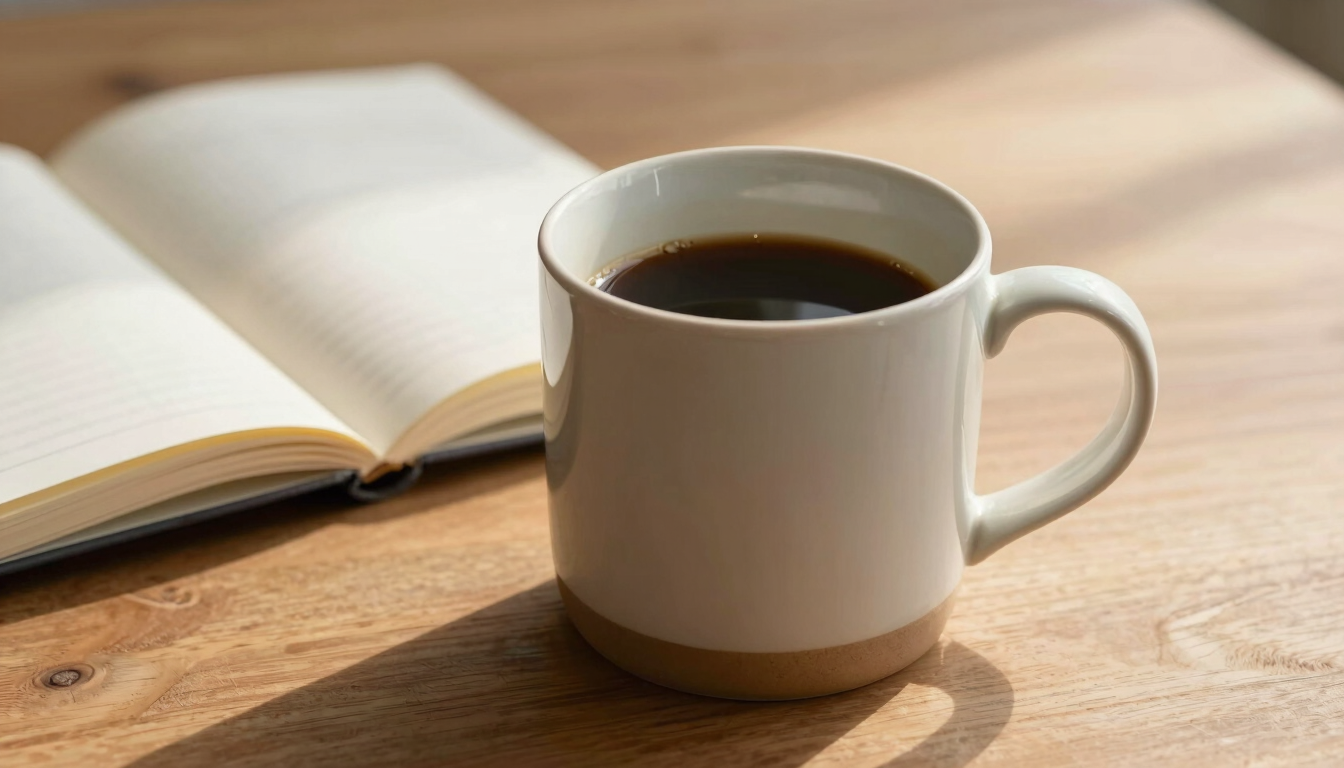 A ceramic mug resting on a wooden table next to an open notebook, soft morning light, warm sand tones.