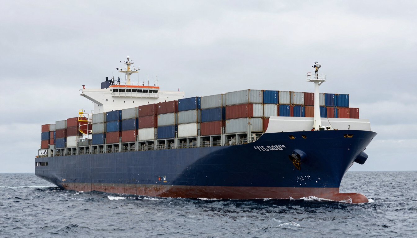 High-contrast commercial photograph of a massive container vessel loaded with cargo transit at sea, overcast silver sky, cool daylight.