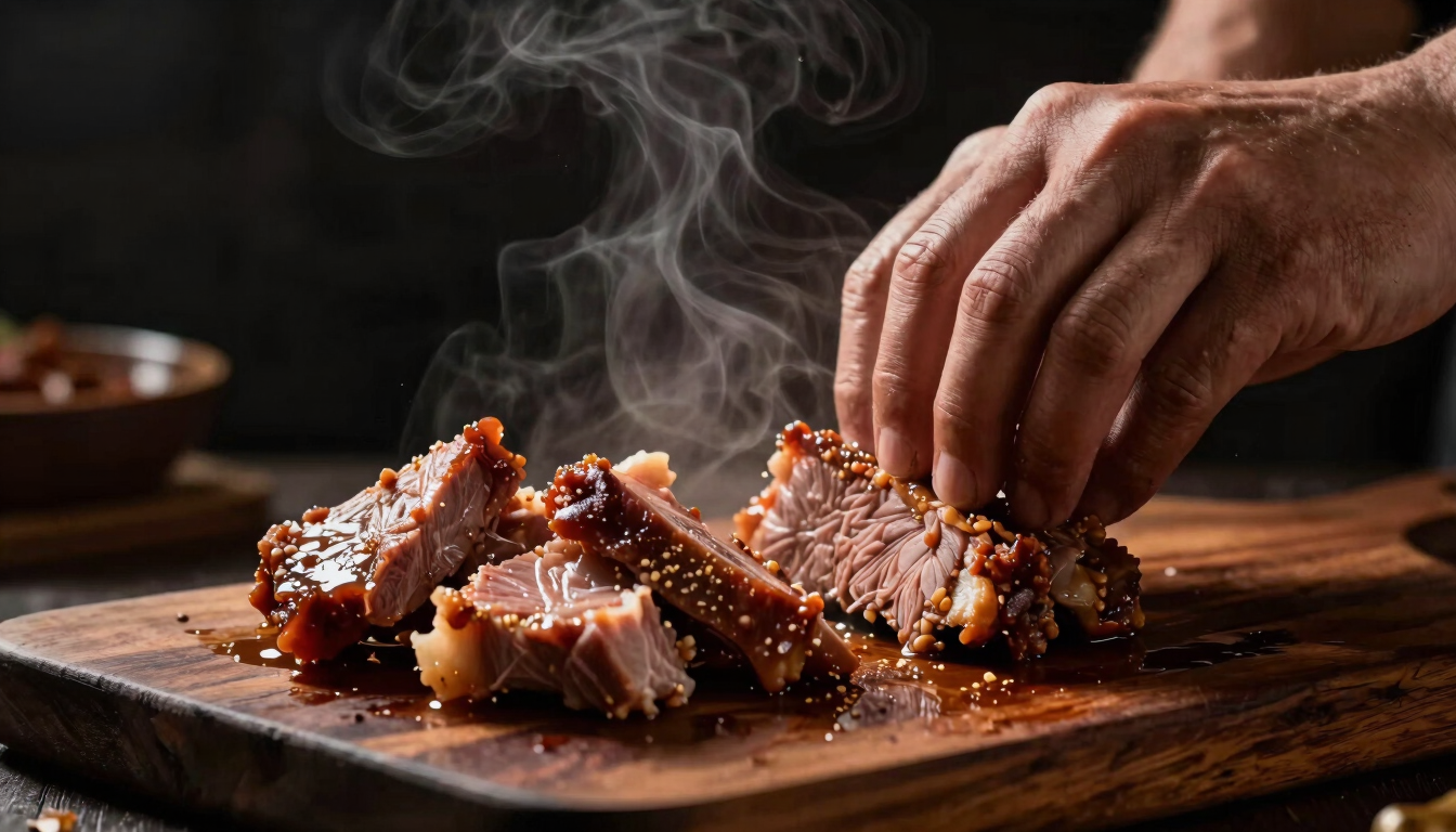 Dramatic close-up of slow-cooked pork carnitas being chopped on a dark wooden board, steam rising, warm side lighting, rich dark background, 50mm macro lens