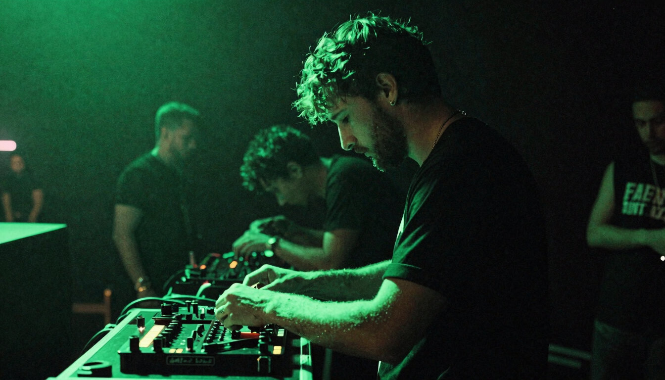Intimate backstage preparation with an artist adjusting their gear under low-key green neon light, atmospheric 35mm film style.