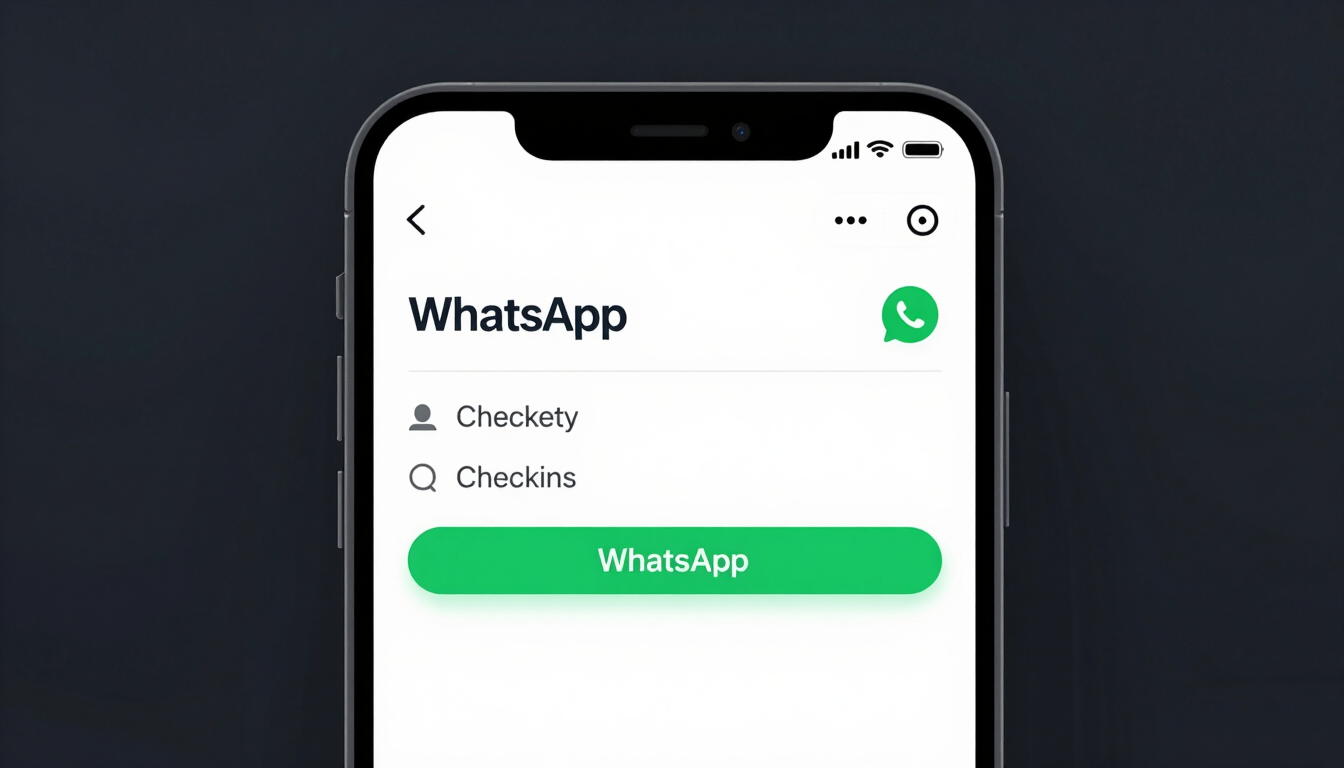 Sleek mobile mockup of a WhatsApp chat window displaying a clean structured checkout flow with green buttons, crisp studio lighting