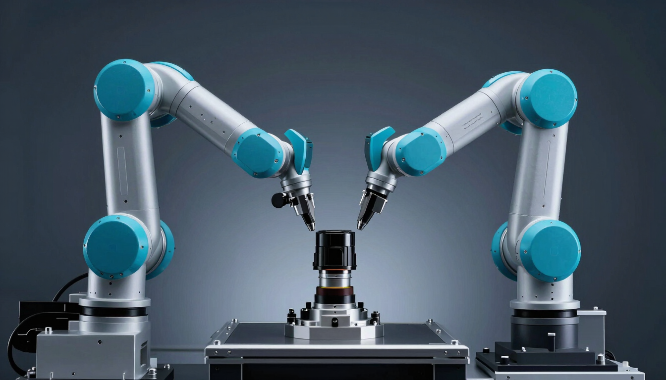 Sleek technical product photography of a robotic assembly arm calibrating a camera lens on a cleanroom production line, sharp focus, cyan telemetry accents