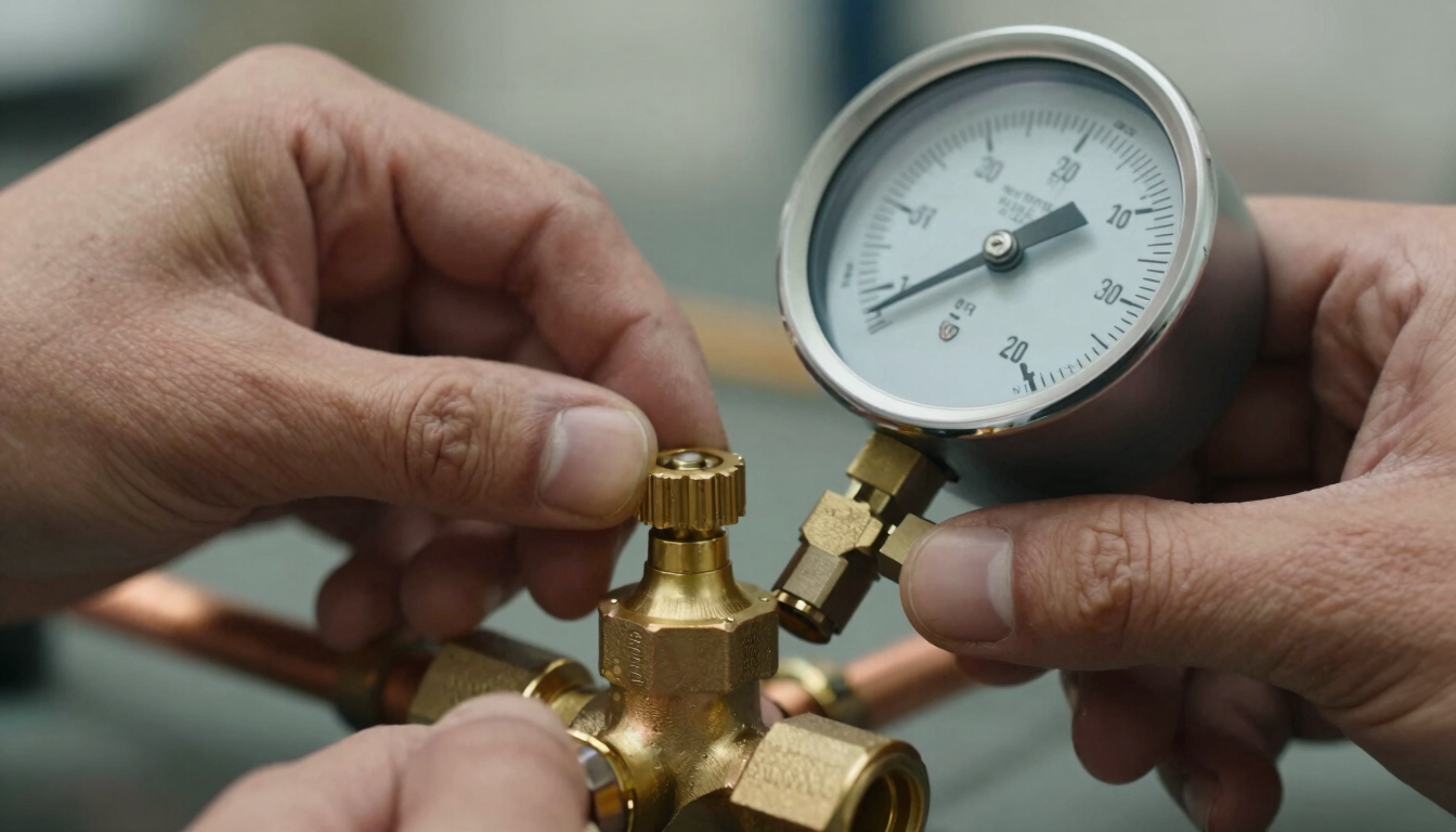 Macro close-up of a technician's hands using a brass pressure gauge to calibrate a copper pipe valve, sharp daylight, technical focus.