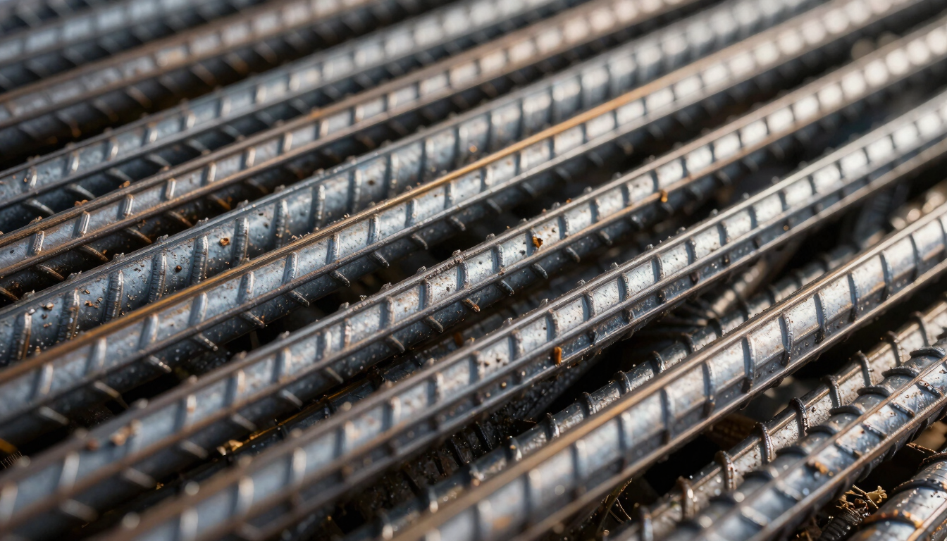 Extreme macro shot of raw steel rebar textures, high-contrast dramatic daylight casting long shadows on metallic ridges, industrial scale