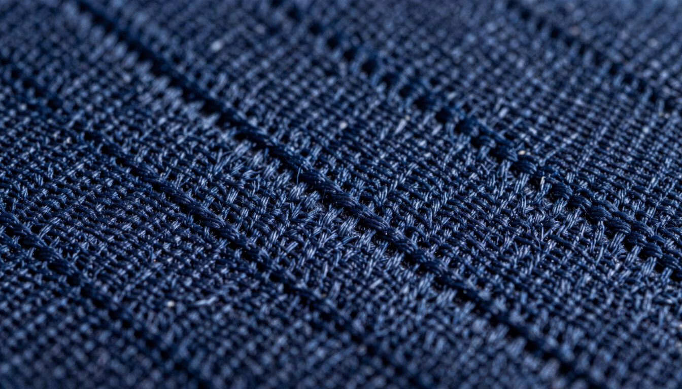 Extreme macro close-up of high-density navy blue embroidery stitches on heavy-duty canvas fabric, showing precise thread alignment and physical relief under sharp studio lighting.