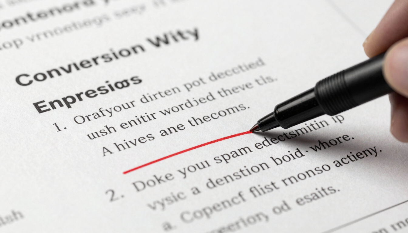 Sharp macro photograph of an annotated copywriting wireframe on a clean desk, high-contrast studio lighting, monochrome with deep shadows, crisp details of red pen markups on printed conversion copy.