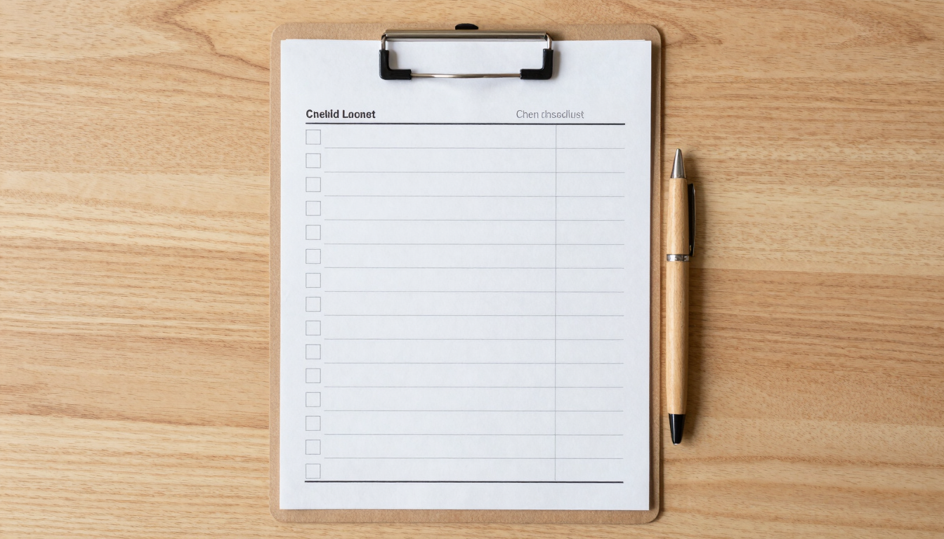 Clean top-down flat-lay of a structured paper checklist with a wooden pen on a light oak desk, bright and even lighting.