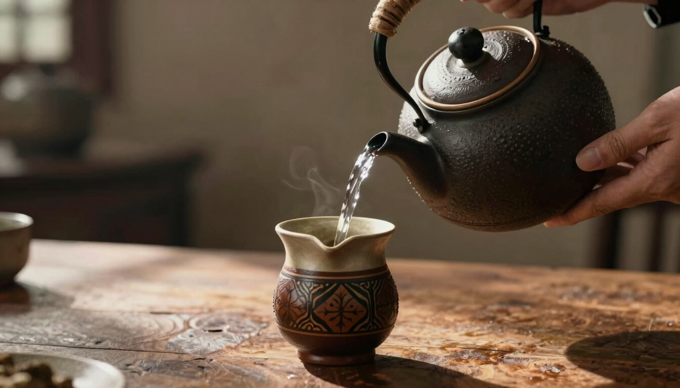 Close-up of hands pouring hot water from a traditional kettle into a decorated chimarrão mate cup, warm morning light, rustic wooden table surface.