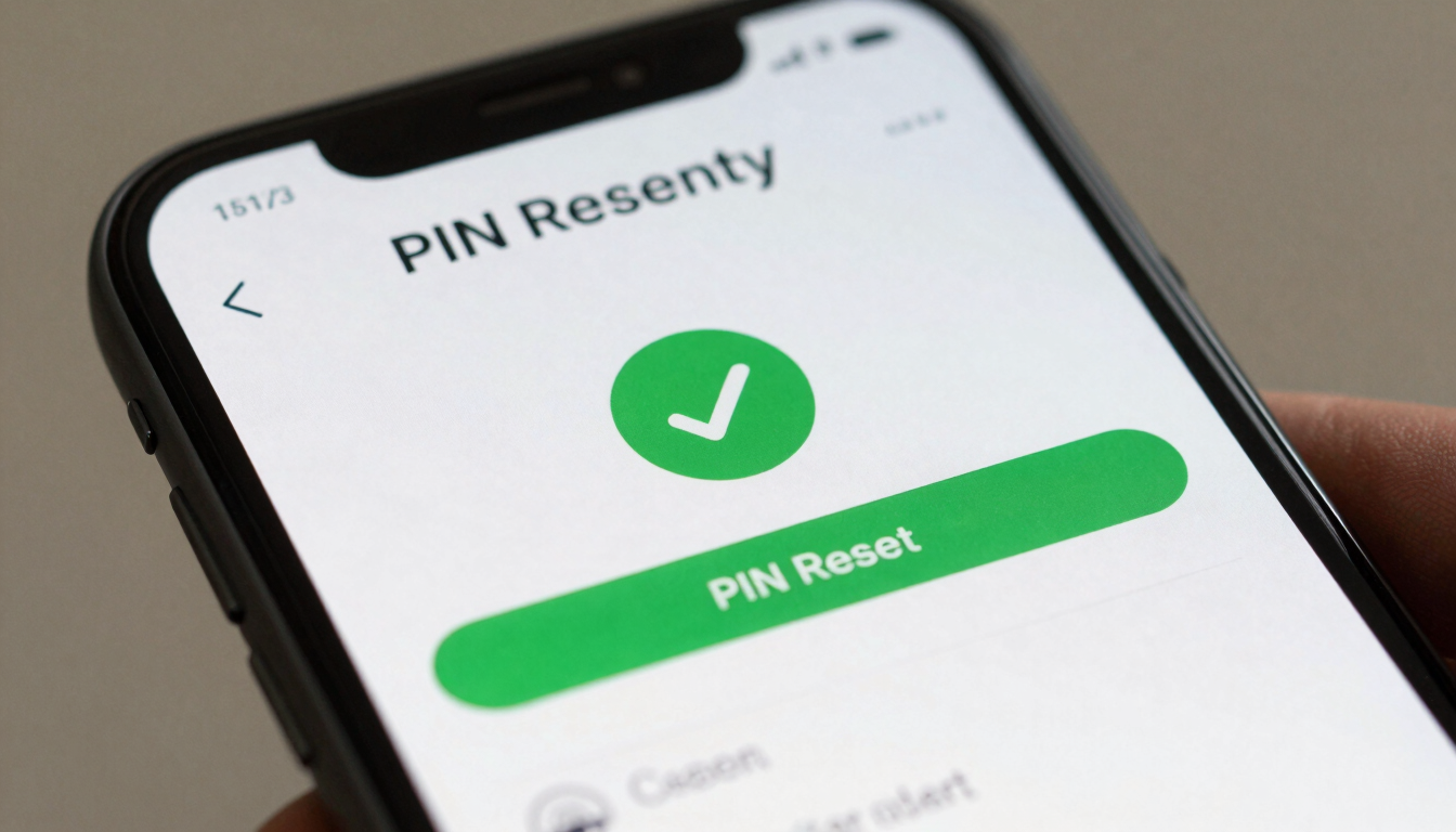 Close-up of a mobile banking app screen showing a successful PIN reset confirmation with a green checkmark, clear UI annotations, bright lighting.