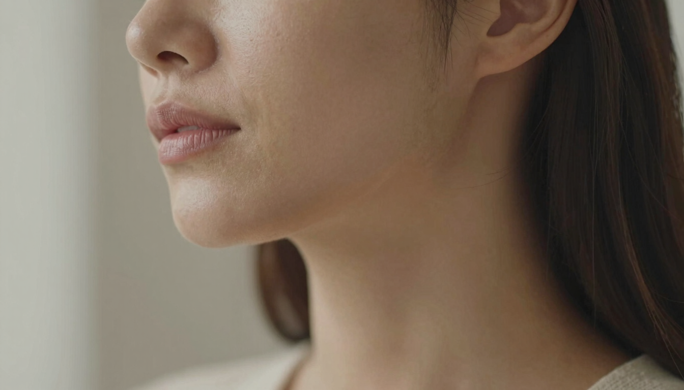 Close-up of a woman with radiant, healthy skin, soft natural daylight, elegant muted neutral tones, shallow depth of field