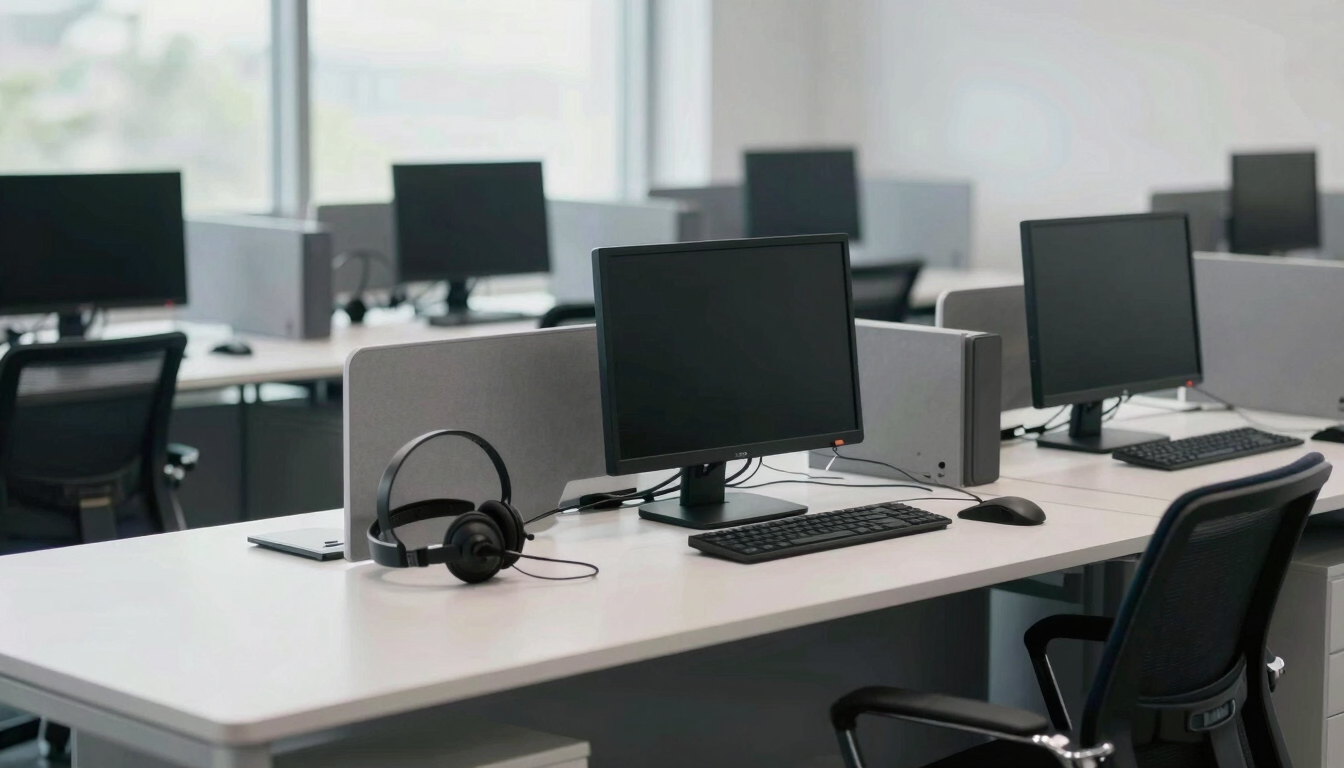 Wide shot of an organized corporate workspace, sleek desks with high-end audio headsets and technology, bright daylight through large windows, clean slate and navy tones.