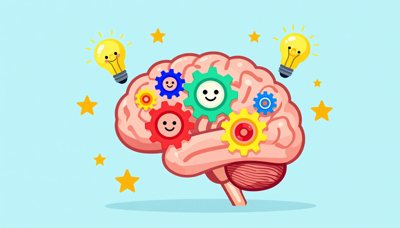 Bright flat vector illustration of a stylized human brain with colorful glowing gears, lightbulbs, and friendly stars floating around it, representing curiosity, learning, and mental clarity, vibrant cheerful color palette.