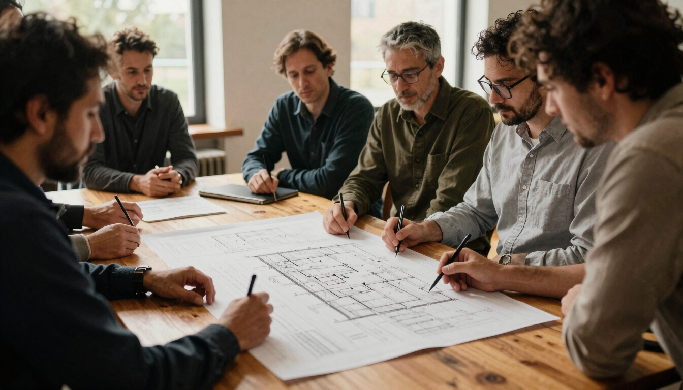 A warm environmental photograph of community leaders collaborating around a large wooden table covered in architectural plans, daylight streaming through large windows, 35mm film aesthetic.