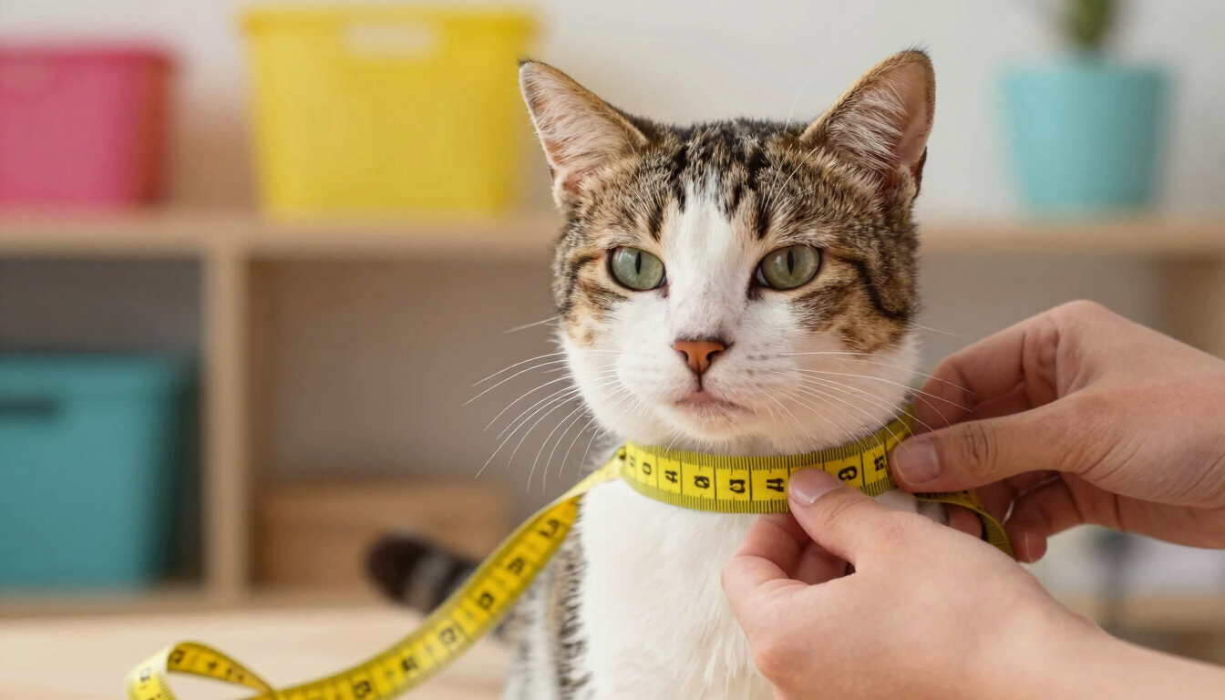 Close-up of hands gently measuring a calm cat's chest with a yellow tape measure, soft natural light, warm workshop background in Celaya