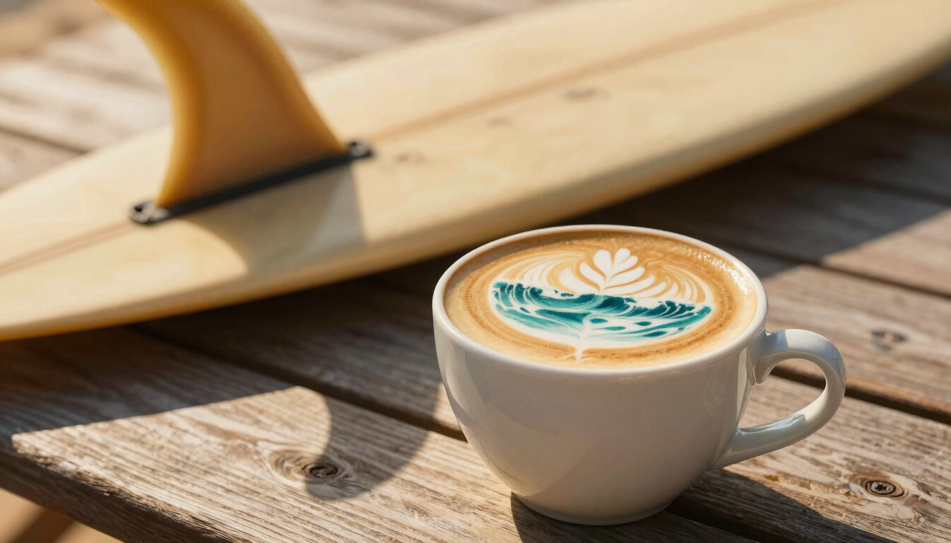 Close-up of a warm latte with ocean wave art on a wooden table, a vintage surfboard fin resting in the background, soft golden-hour light, shallow depth of field