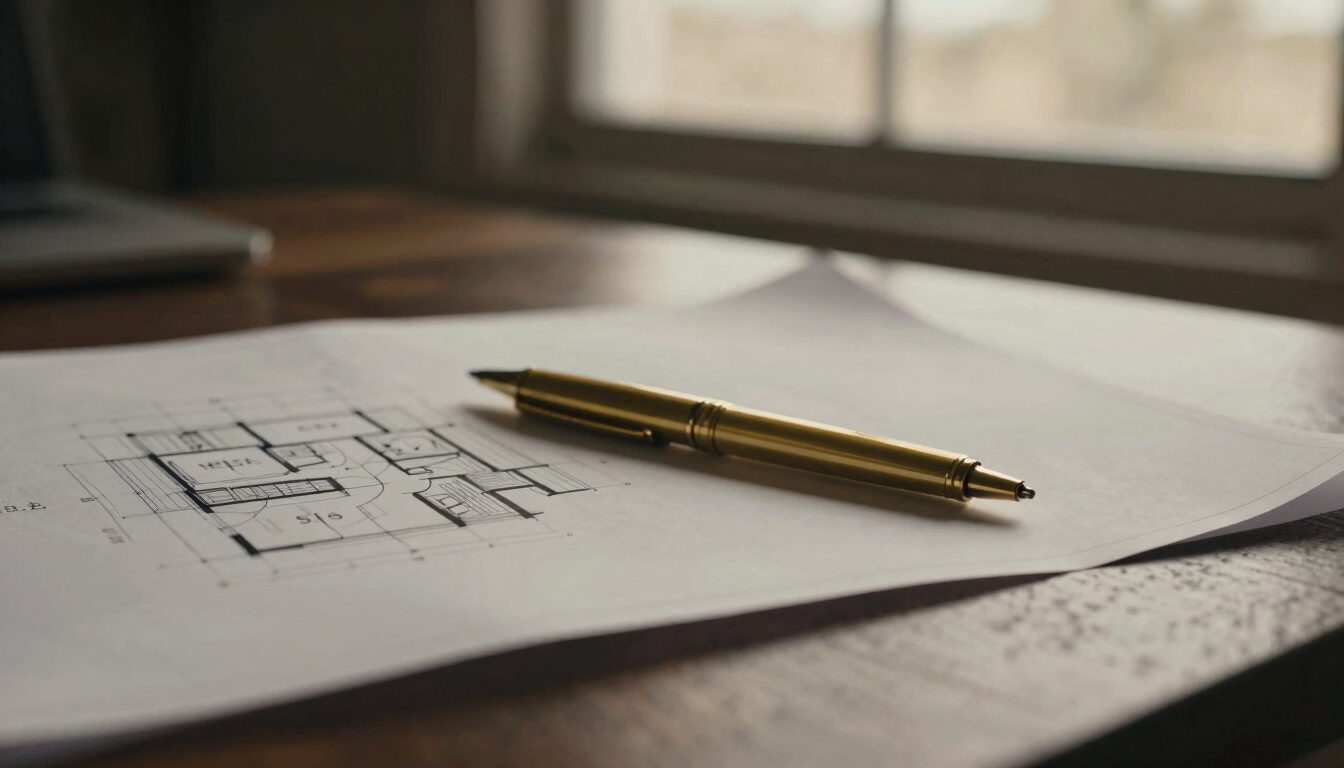 Close-up of architectural blueprints and a gold pen resting on a dark wood table, warm diffused Arizona sunlight filtering through a window, 35mm, muted charcoal tones.