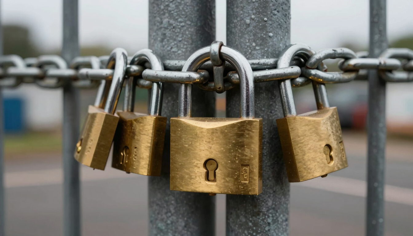 A close-up shot of heavy-duty brass padlocks and steel chains securing a trade yard gate in Bedford, overcast daylight, high-contrast metal textures.