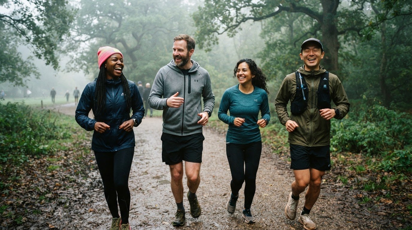 Candid 35mm film shot of diverse adult runners laughing together in a misty green Sutton park, overcast London morning light, natural and authentic