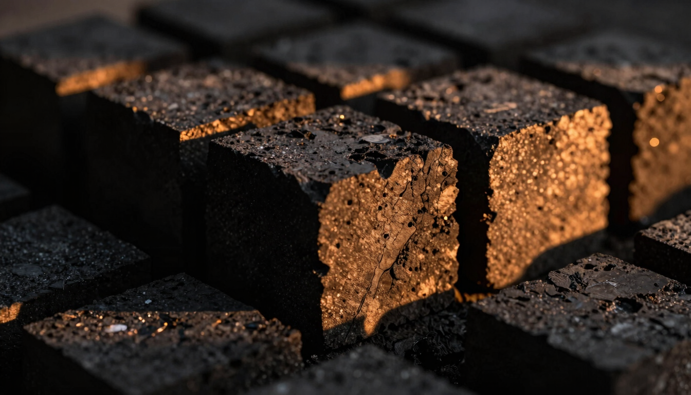 Macro shot of textured charcoal blocks stacked neatly, warm sunset light casting long dramatic shadows, high contrast
