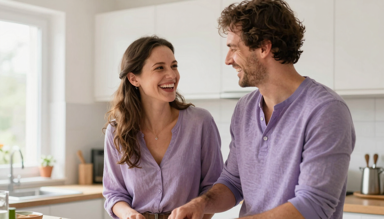 A happy Caucasian couple laughing together while cooking in their bright, sunlit kitchen, warm natural light, candid lifestyle photography