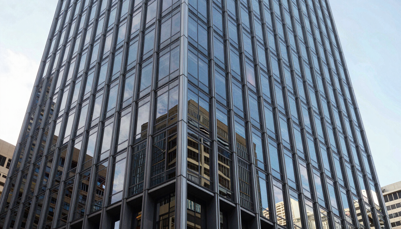 Wide architectural detail of a modern Sydney office tower facade, sharp glass reflections, cool natural daylight.