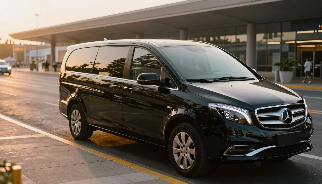 A sleek black private transfer vehicle waiting in soft golden-hour daylight beside an elegant terminal curb, documentary travel photography style.