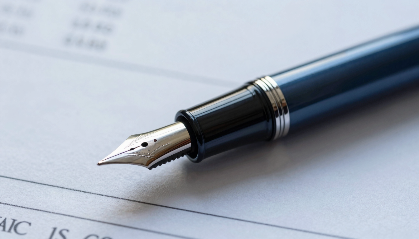 Macro detail of a high-end fountain pen resting on structured financial documents, cool diffused daylight, deep blue and slate gray tones, editorial corporate photography, 35mm lens.