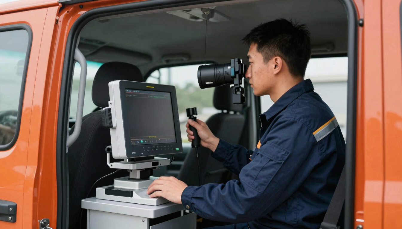A clean professional technician in a navy uniform operating a high-tech diagnostic camera monitor inside a neat utility truck, bright daylight, sharp focus.