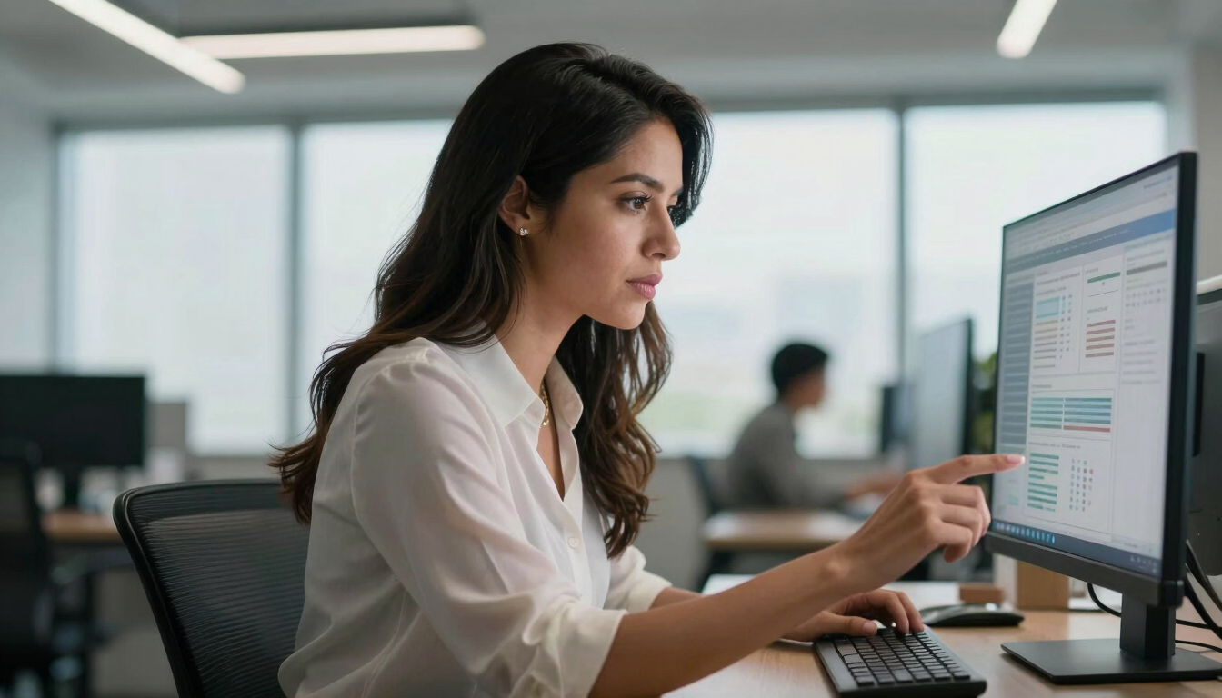 Medium shot of a professional Mexican woman in a modern office, looking focused while analyzing data on a screen, soft natural light, clean corporate background