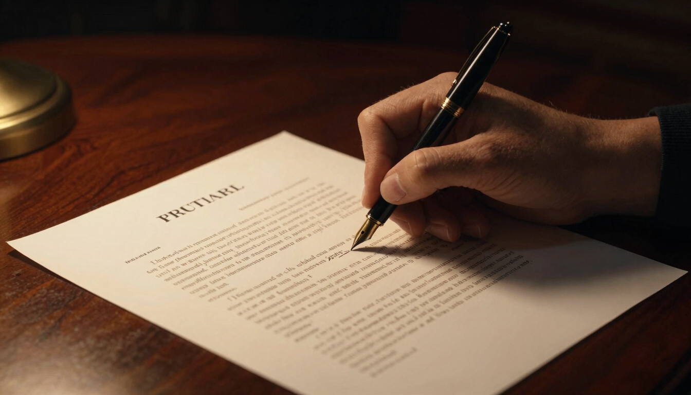 Tight authoritative close-up of a fountain pen signing a critical legal document on a dark mahogany desk under focused warm light, dramatic shadows