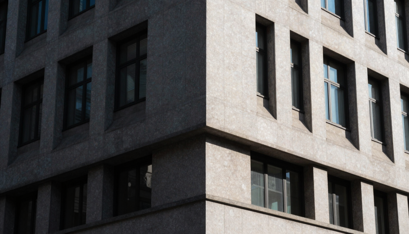 Dramatic architectural angle of a sunlit civic building facade, high-contrast shadows, clean editorial photography.