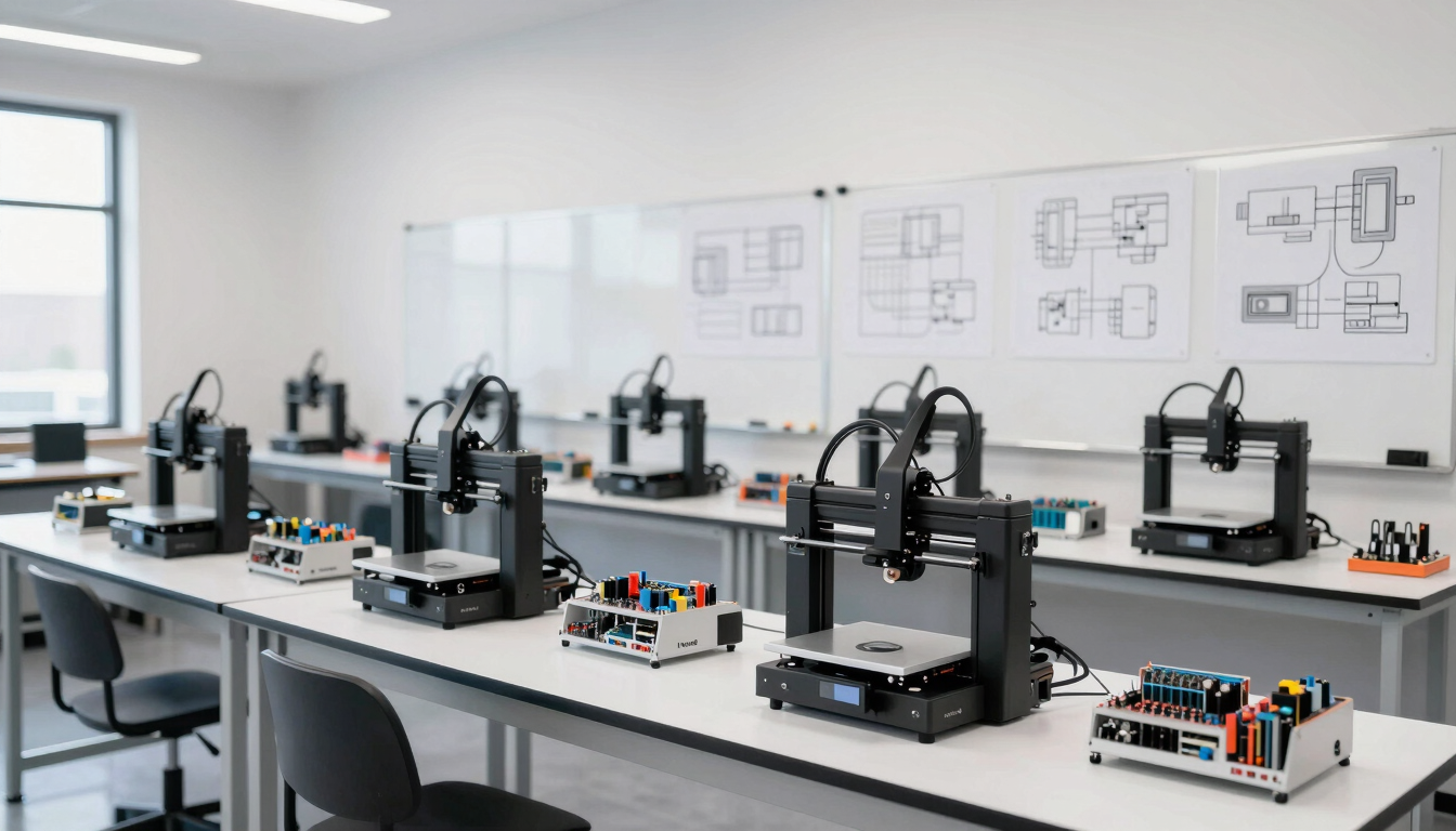 Wide-angle view of a clean, modern prototyping workshop in Lindon, Utah, with 3D printers, electronics testing rigs, and schematics on whiteboards, bright natural light.