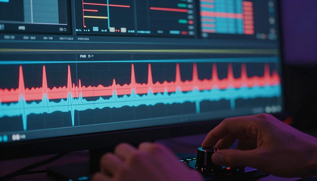 Close-up of a professional video editing timeline on a wide monitor, glowing neon red and blue audio waves, hands adjusting a mechanical dial in the foreground, shallow depth of field.