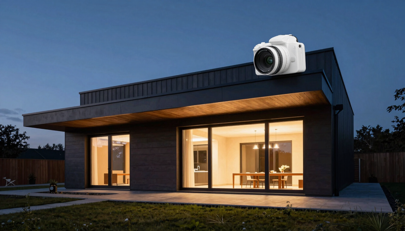 Wide architectural shot of a modern Lithuanian home at twilight, warm interior light glowing through large windows, sleek white camera mounted under the roof eaves, 35mm